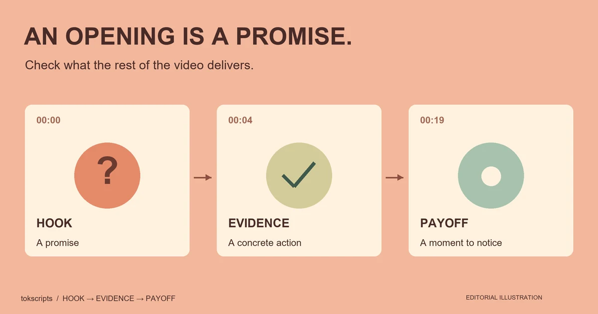 Three storyboard panels connect a TikTok hook, supporting action and payoff with timestamps.