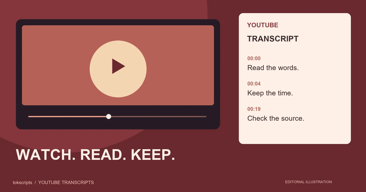 A wide YouTube video illustration is paired with a timestamped transcript for review.