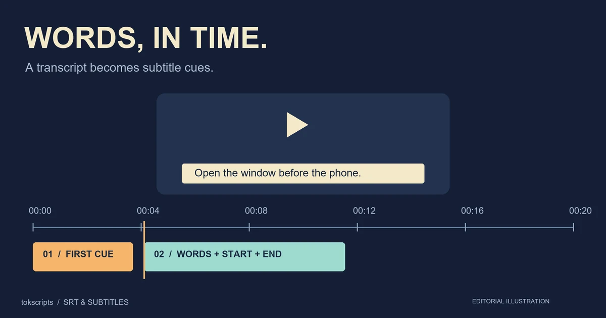A video caption sits above two timed subtitle cues on an SRT editing timeline.