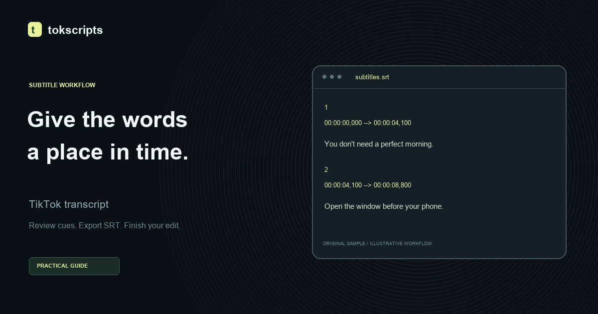 Two subtitle cues show how a TikTok transcript becomes a timed SRT file.